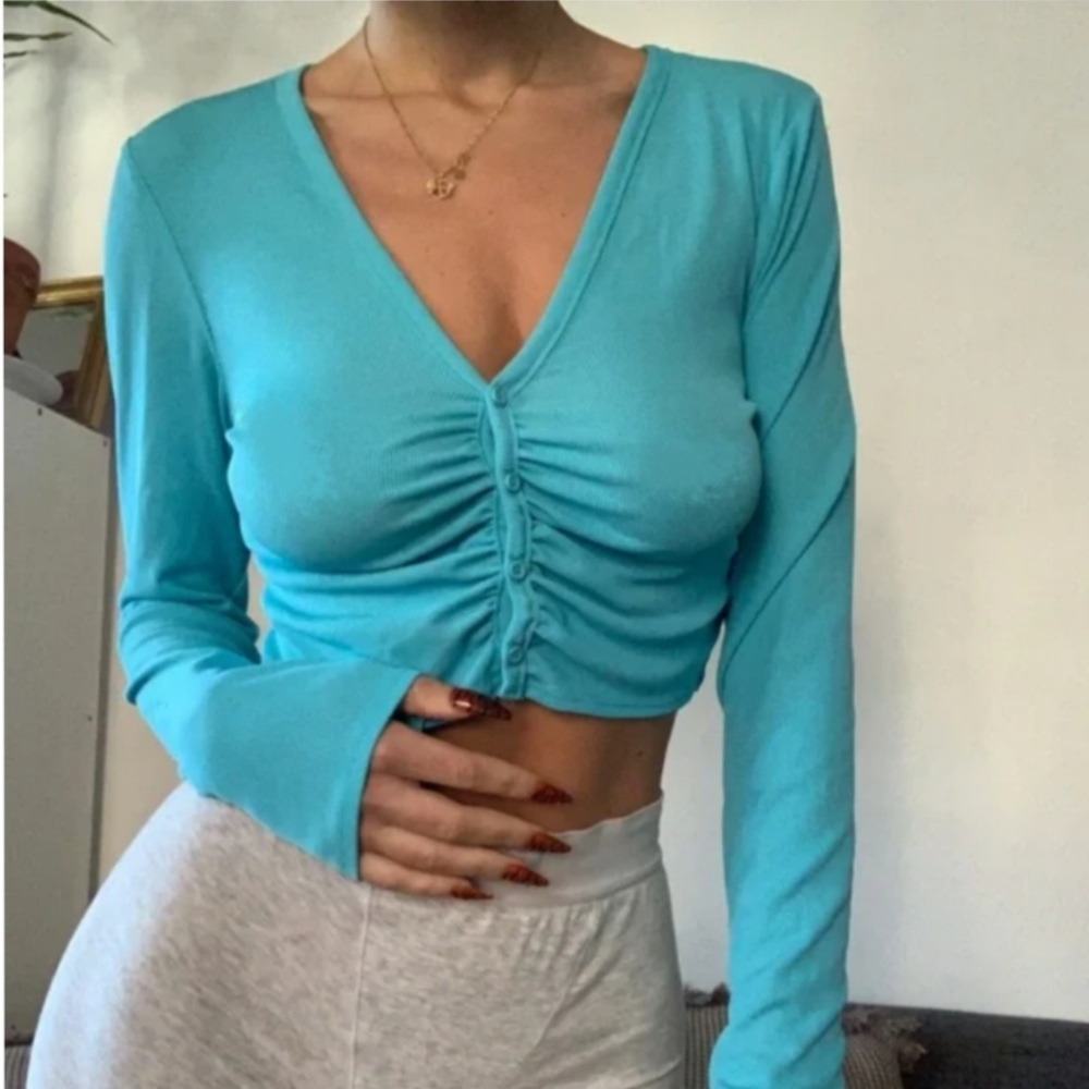 Zara Blue Ruched Long Sleeve Top